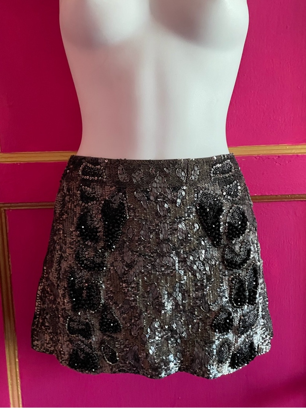 All Saints Hand beaded and embellished gunmetal and Black Sequin Mini Skirt. US4